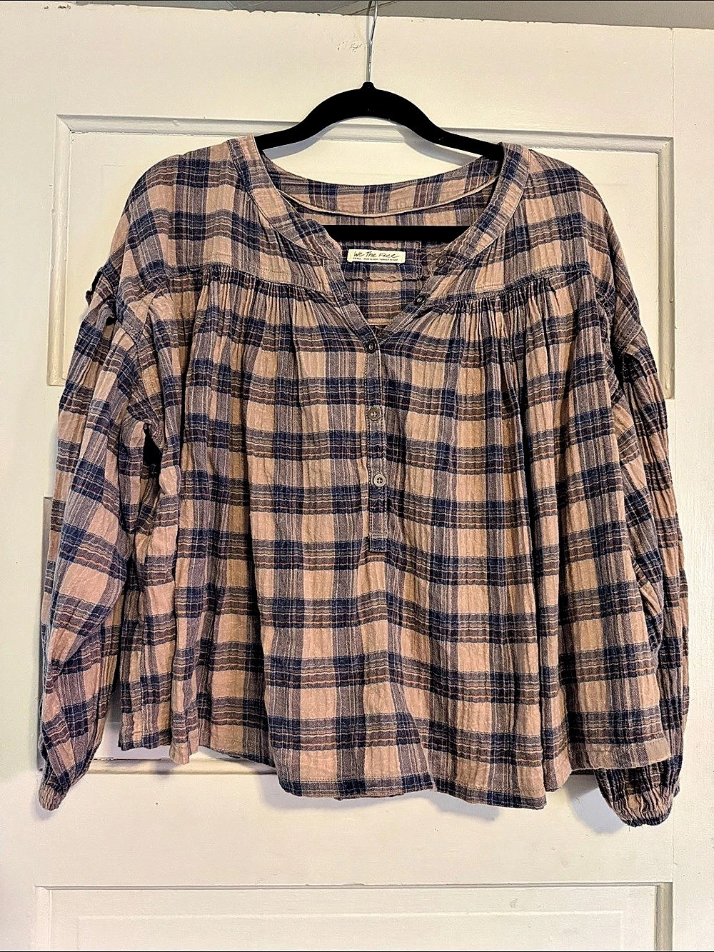 We The Free Plaid Blouse in Pink & Blue Small Like New